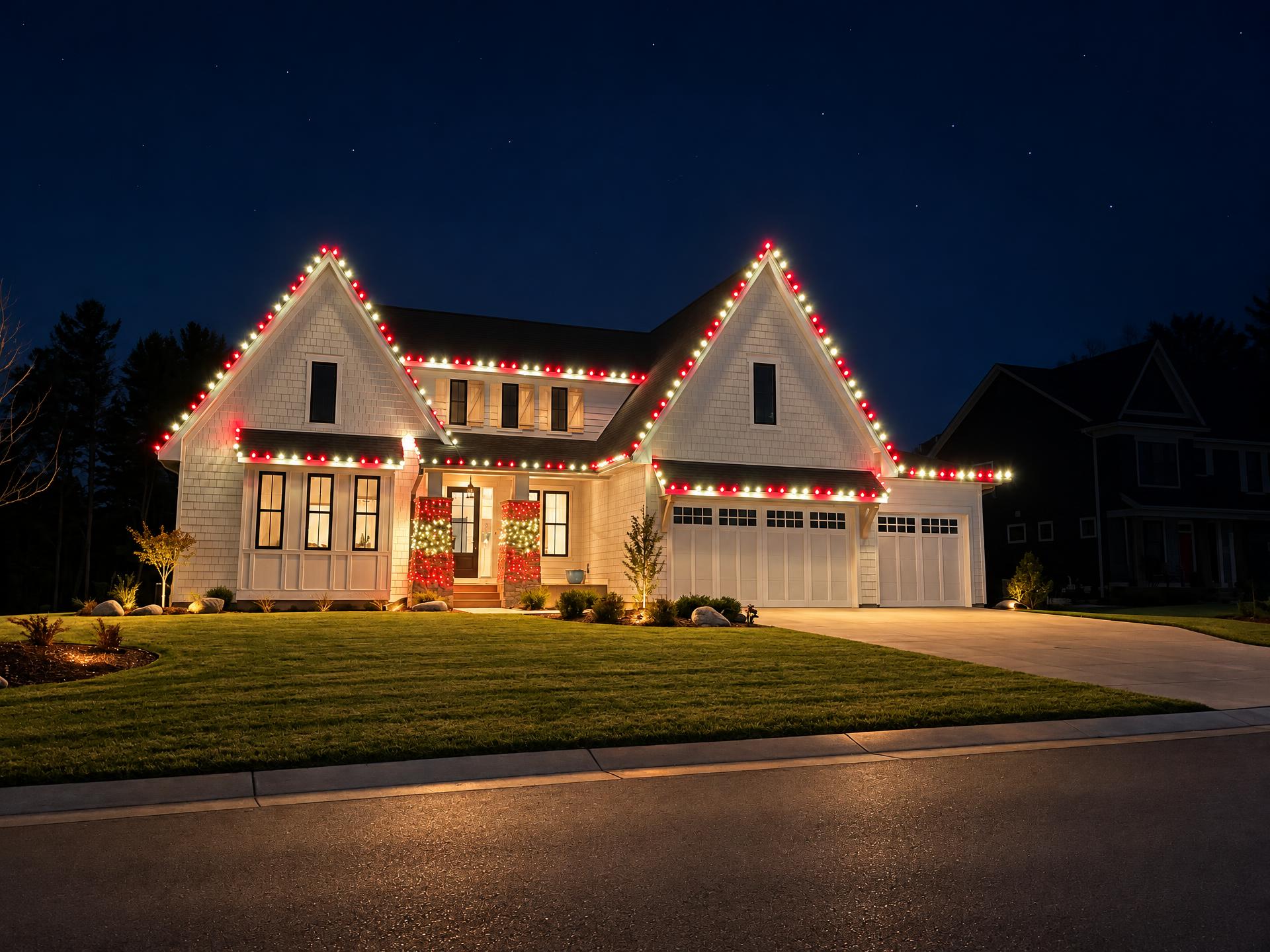 Two-story white farmhouse at night with alternating red and warm white C9 bulbs outlining both gables and the garage eaves, porch columns wrapped in lights