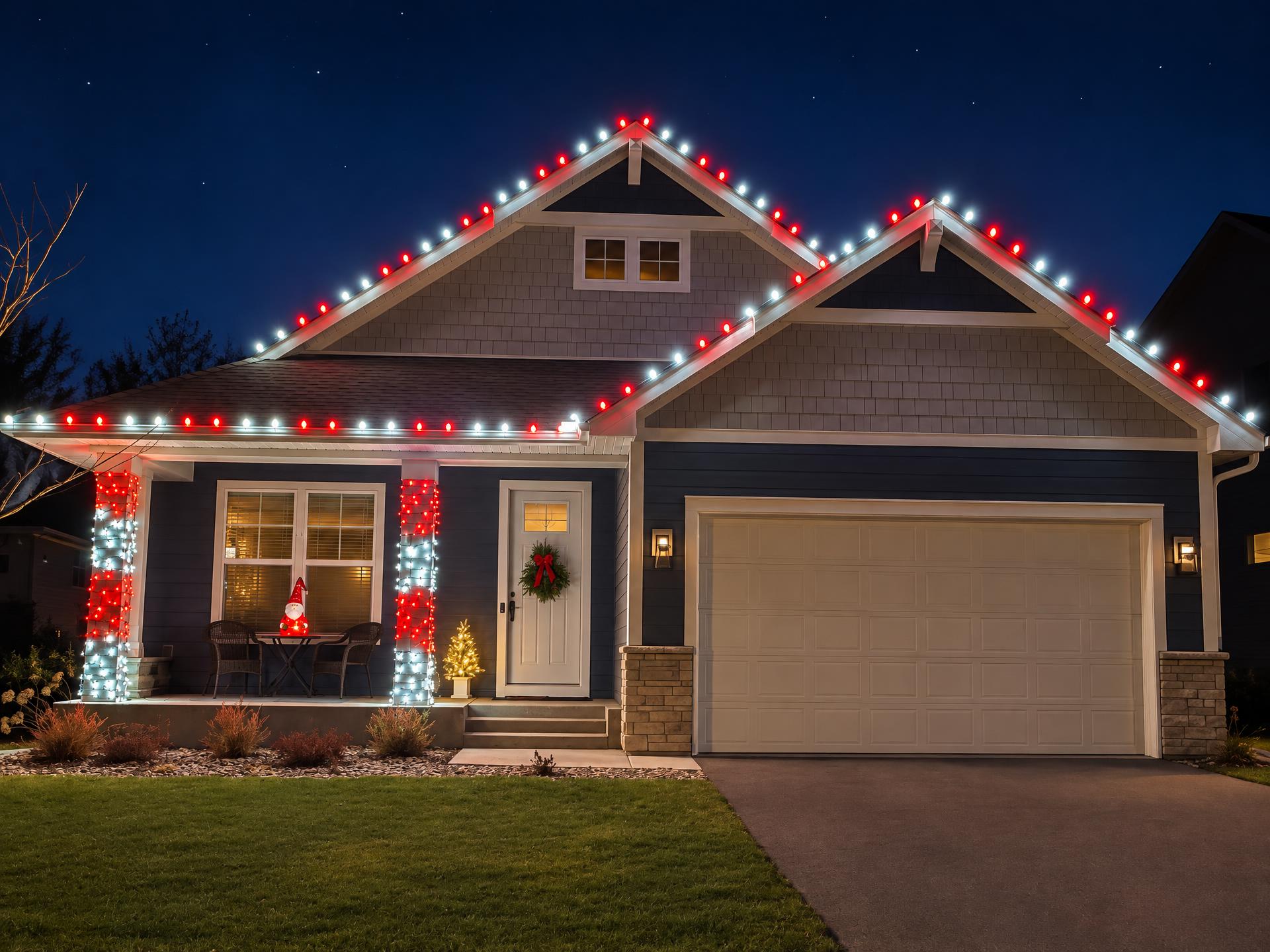 Single-story craftsman home at night with alternating red and white C9 bulbs along the rooflines, porch columns wrapped in lights, a wreath on the door and a glowing mini tree on the porch