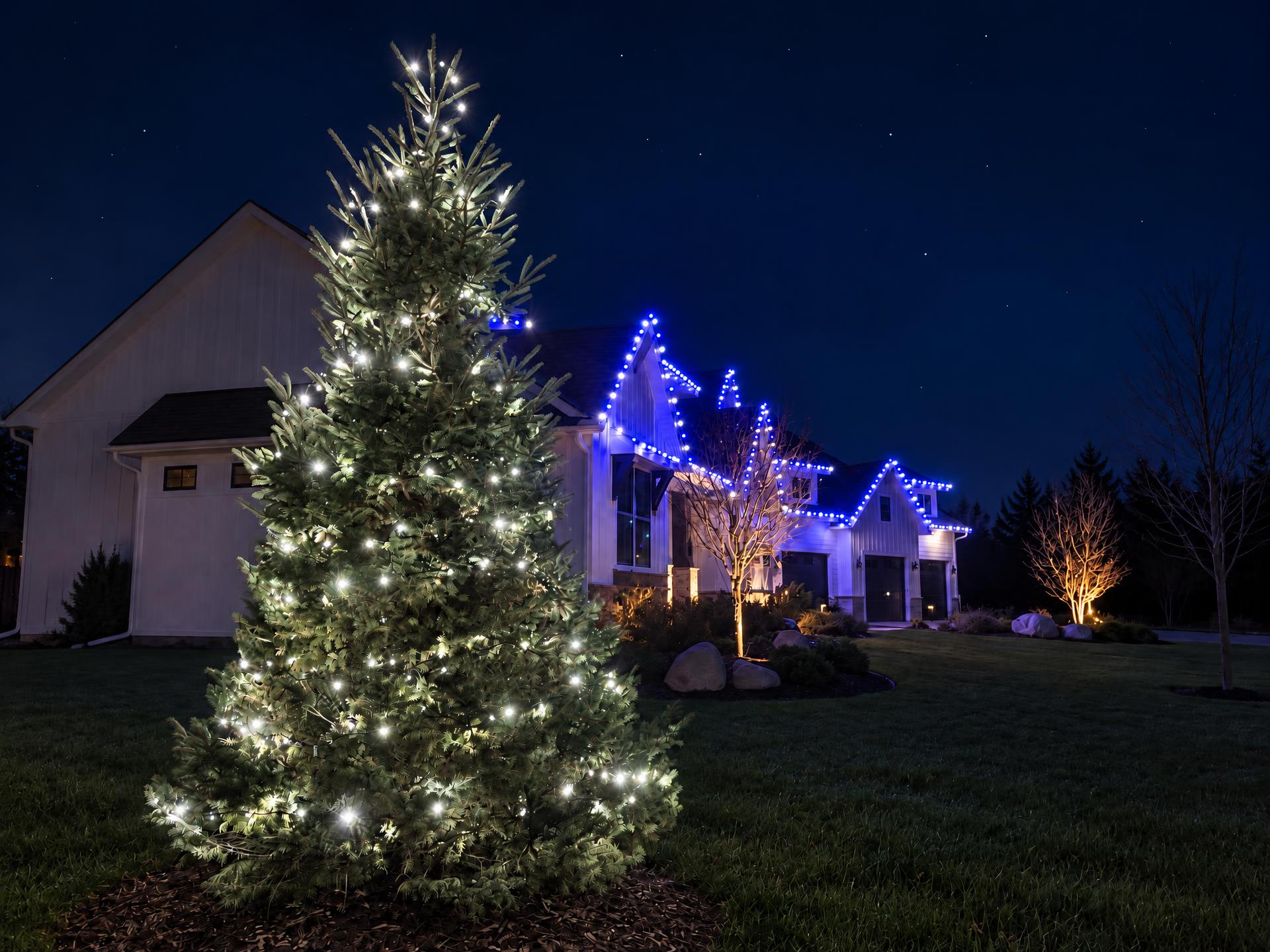 Evergreen tree wrapped in dense white mini lights standing in front of a home with electric blue lights along every roofline