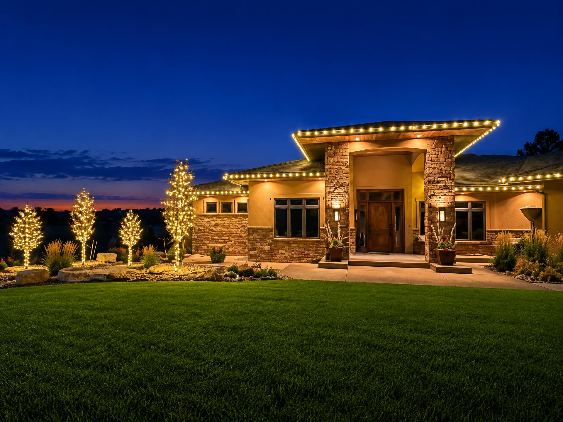 Prairie-style ranch home at dusk with warm white lights along every roofline and four walkway trees wrapped in warm white mini lights