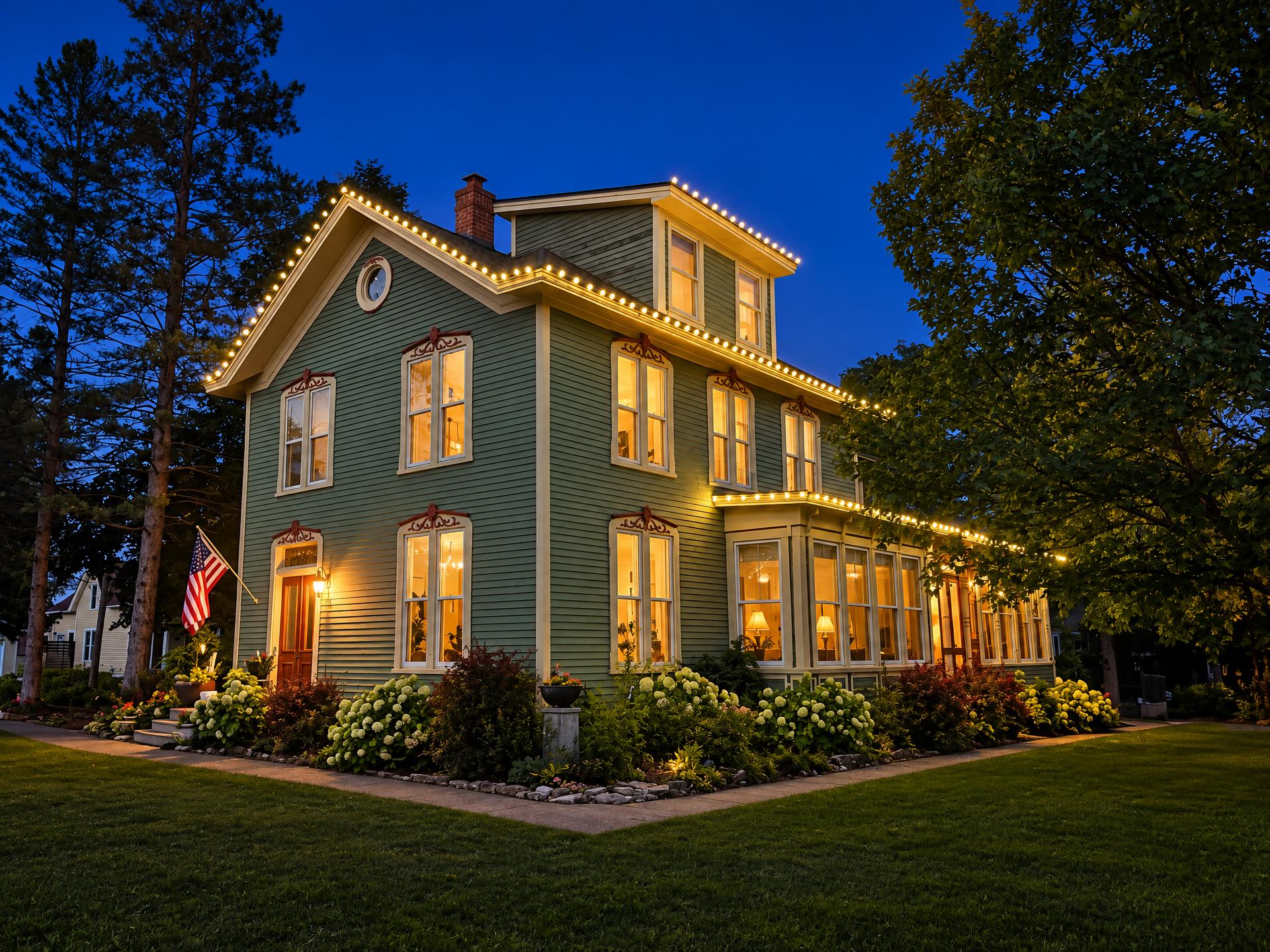 Sage green Victorian home at dusk with warm white C9 bulbs along the gables, the third-story dormer and the porch eaves