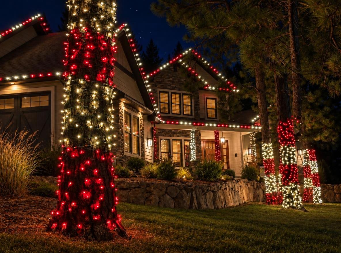Stone craftsman home at night with red and white roofline bulbs and tree trunks wrapped in candy-cane bands of light